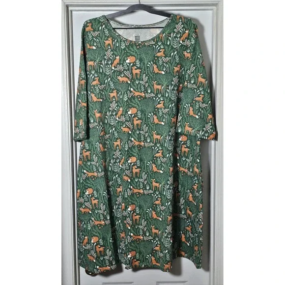 Winter Water Factory Helsinki Deer & Foxes Dress XXXL 3XL Green NWOT 3/4 Sleeve - Picture 1 of 6